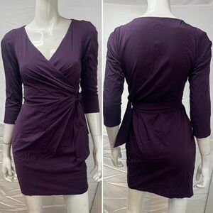 DVF Women’s 4 Dark Purple Stretchy Faux-Wrap Tie Oletta 3/4 Sleeve Dress
